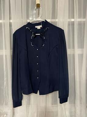 Vintage Lolette Navy Blue Sequin Beaded Collar Long Sleeve Button Up Blousert 16